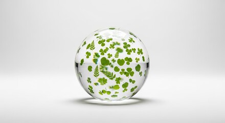Transparent Sphere Filled with Green Leaves and Ferns on White Background