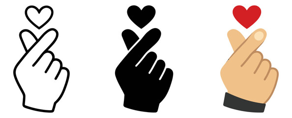 Fototapeta premium Graphic korean finger heart icon set featuring outline, solid, and emoji variations for expressing love and appreciation