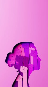 Women's Day looping video with woman silhouette and rising fists inside in paper cut and copy space, 3D animation for social media. Concept of independence, empowerment, activism for women rights