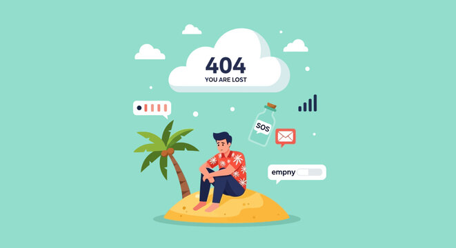 A man sits alone on a deserted island surrounded by digital notifications and a large 404 error cloud above him