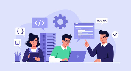 Developers collaborating on coding project at office desk with laptops and code snippets displayed © Fendi