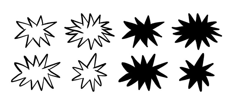 Hand drawn abstract starburst shapes in bold black and white vector style. Rough doodle explosion elements with outline and solid variations inspired by comic flash effects. Graphic decorative set