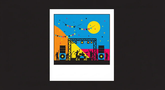 Vibrant outdoor music festival at night with stage speakers and crowd under starry sky and full moon