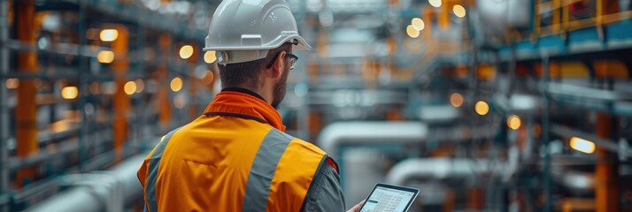 Construction safety inspection with engineer using tablet at building site