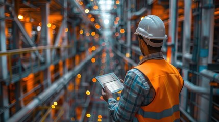 Construction safety inspection with engineer using tablet at building site