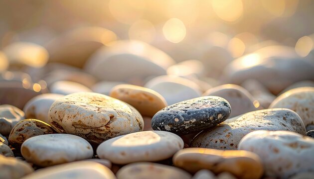 A collection of smooth, worn pebbles, gathered as a meager food substitute, captured with a professional camera shot and soft, diffused light.