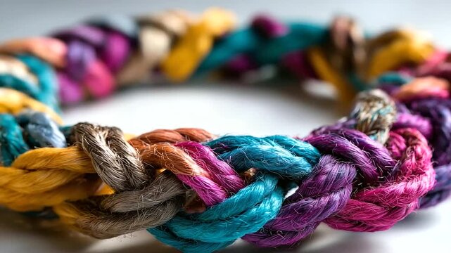 Vibrant interwoven ropes forming circular pattern on plain background, unity through connection, textured diversity symbolism, with copy space