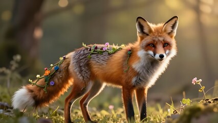 Fototapeta premium Fox adorned with colorful flowers in a magical mystical forest.