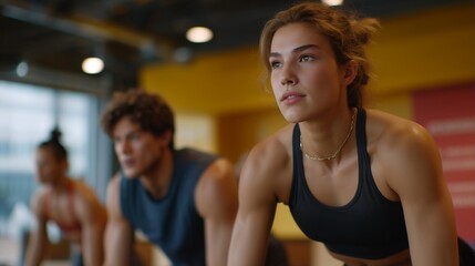 Energetic workout concept highlighting the digestive system's role in enhancing brain health, showcasing active individuals engaging in fitness. A dynamic gym environment with people performing