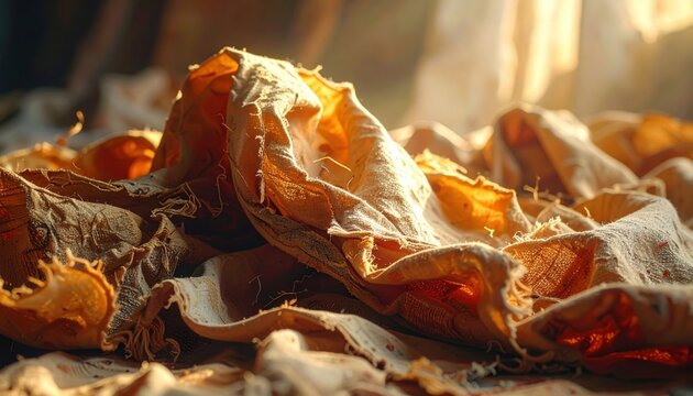 A realistic photograph by FlyPro Firefly of a crumpled, torn, and threadbare fabric, once vibrant, now deeply symbolizing weariness and depletion.