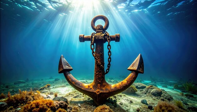 FlyPro Firefly Heavy, rusted iron anchor, symbolizing immobility, holding firm, partially submerged in murky water, professional camera.