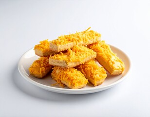 Indonesian Kaasstengels Cheese Cookies on White Plate, Savory Crispy Snack for Eid Al-Fitr Celebration, Isolated on White Background