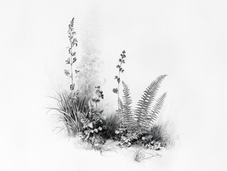 Naklejka premium Black and white botanical illustration depicts delicate ferns, grasses, and flowers