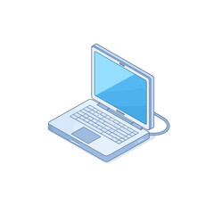 Silver laptop computer with blue blank screen isolated on white background