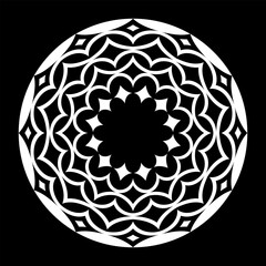 Abstract Radial White Pattern Circle Shape on Black Background. Decorative Design Element.
