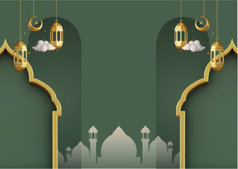 ramadhan kareem. islamic greetings ramadan kareem card design background with lanterns and crescent moon. vector illustration © Wiwit