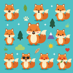 Obraz premium Cute Fox Sticker Set | Kawaii Fox Cartoon, Forest Animal Emoji & Planner Stickers
