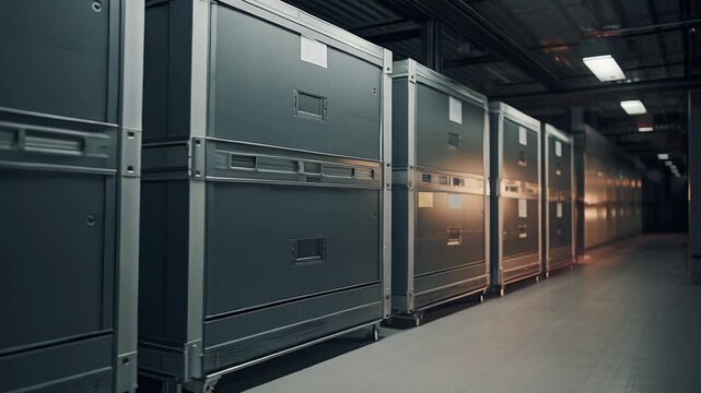Rows of modern, industrial data storage racks are positioned in a long server room, highlighting infrastructure, cloud computing, and digital information management concepts