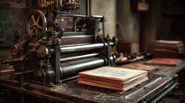Vintage Printing Press and Paper: A detailed shot of an antique printing press, evoking the atmosphere of a bygone era. Stacks of printed pages lay on the table.