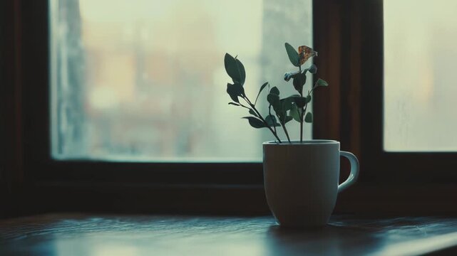 Green plant stems in a white mug on a wooden windowsill, bathed in soft morning sunlight for a calm, cozy indoor scene of natural freshness and quiet comfort