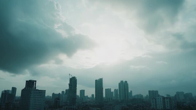 Cityscape panorama presenting modern architecture and residential structures under a moody, overcast sky, highlighting the changing weather above the urban environment