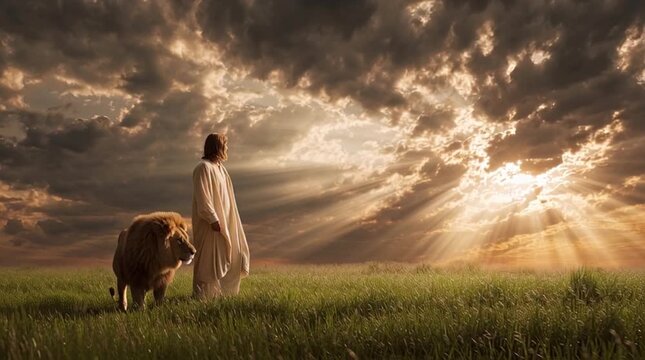 Jesus Christ and Lion Walking Together in a Grassy Field Under a Dramatic Sky.