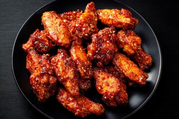 Fototapeta premium Crispy Korean Fried Chicken Wings Glazed in Spicy Gochujang Sauce on a Black Plate, Top-Down View