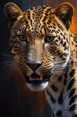 Obraz premium Elegant mixed media painting of a majestic leopard portrait, featuring dramatic lighting and rich detail