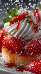 Close-up of strawberry shortcake dessert with cream and syrup