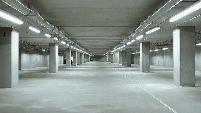 Spacious underground parking garage featuring rows of concrete pillars and bright fluorescent lighting, creating a vast and eerie empty urban architecture