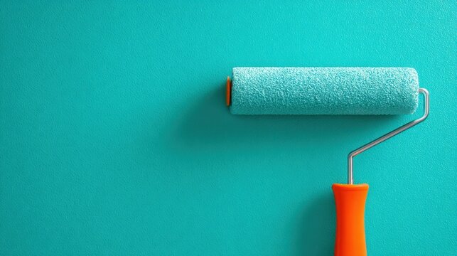 The paint roller on vibrant turquoise wall with bright orange handle and texture
