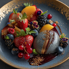 Gourmet dessert with berries and edible flowers