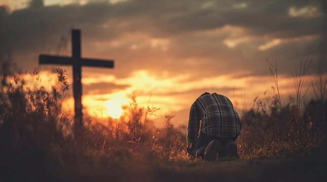 Man Kneeling Before Cross at Sunset - A Symbol of Faith and Devotion.