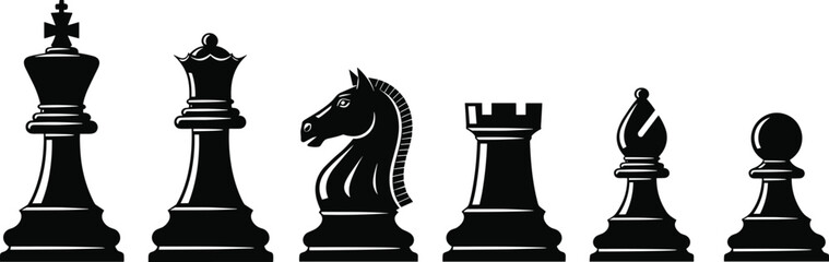 Chess Pieces Silhouette Set with King, Queen, Knight, Rook, Bishop and Pawn Strategy Board Game Vector © MdLimon