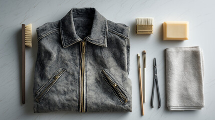 Denim Jacket with Cleaning Supplies