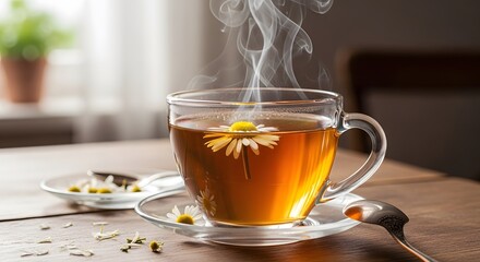 Steaming cup of chamomile tea with a fresh flower, conveying warmth and relaxation on a wooden table.