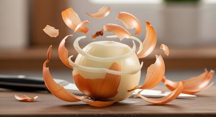 Fresh yellow onion with peeled skin levitating in the air on a wooden kitchen counter.