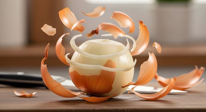 Fresh yellow onion with peeled skin levitating in the air on a wooden kitchen counter.