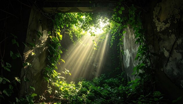 Sunlight beams illuminate overgrown thorny vines aggressively colonizing a rigid man-made structure in a dramatic organic reclamation photographic style, captured by FlyPro Firefly.