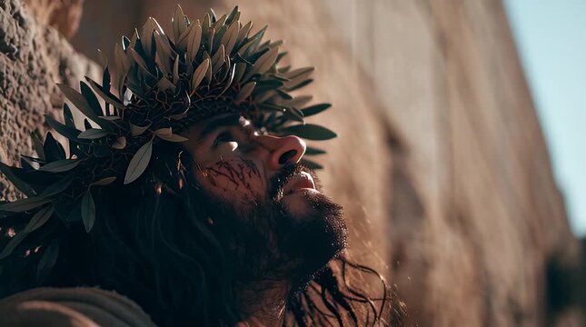 Man Wearing Crown of Thorns Praying.