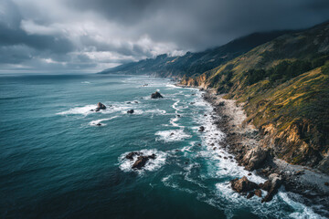 Aerial landscape shot of a rocky coastline with crashing waves, moody, dramatic clouds, cinematic