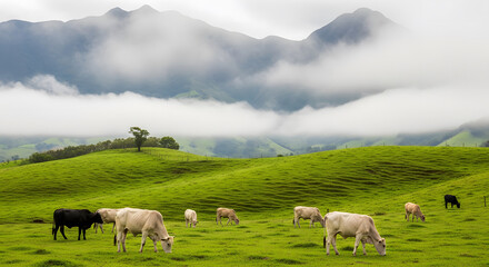 Fototapeta premium A herd of cattle grazing on lush green hills beneath misty mount