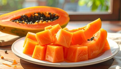 Slice the ripe papaya thinly and cut it in half. The juicy, orange flesh contains the seeds