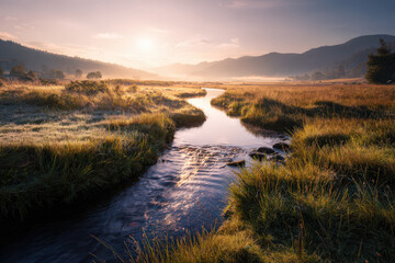 A tranquil river meandering through a misty valley at sunrise, soft golden light reflecting off the water, dew on the grass, wide-angle 24mm lens, high dynamic range, cinematic atmosphere, 