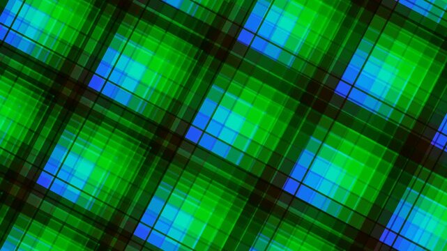 Vibrant green and blue plaid pattern with dynamic squares