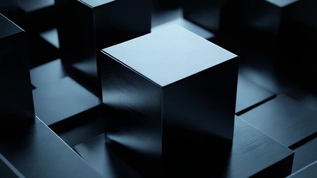 Metallic cubes form a dark geometric grid, evoking futuristic technology, data networks and industrial design with sleek brushed surfaces, light, shadow, and depth