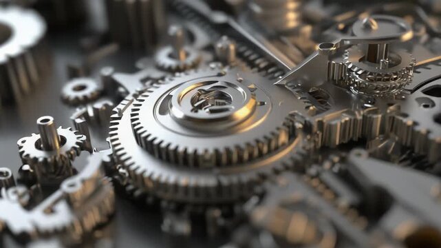 Intricate clockwork mechanism composed of numerous metallic gears and cogs, symbolizing precision engineering, systematic operations, and complex technological systems