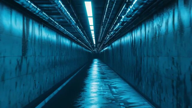 Dark futuristic underground tunnel featuring vibrant blue fluorescent lights illuminating damp walls and a wet reflective path, creating a sense of mystery and progression towards an unknown future