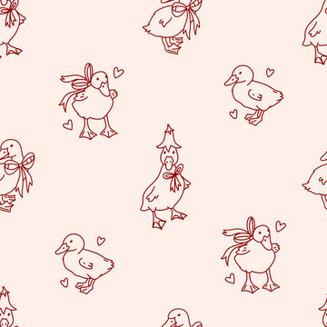 Seamless pattern with cute baby goose birds. Funny duck chicks decorated with bow, flower, hearts. Funny farm animal. Cottage core background for textile, gift wrap, stationery, home and holiday decor