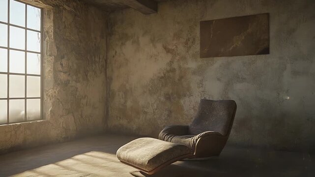 Lounge chair and ottoman furnishing an old industrial loft interior with raw concrete walls, a large window, and warm sunlight entering the empty room, creating a feeling of solitude